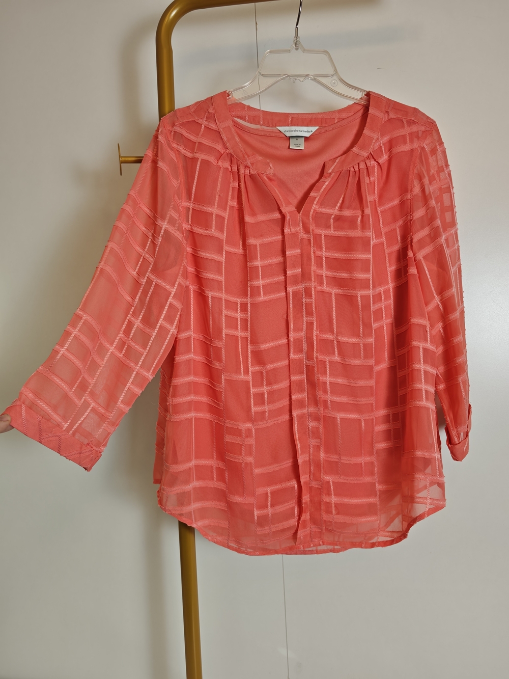 Vintage Cottage Grannycore Coral Sheer Grid-Texture Top, Size Medium